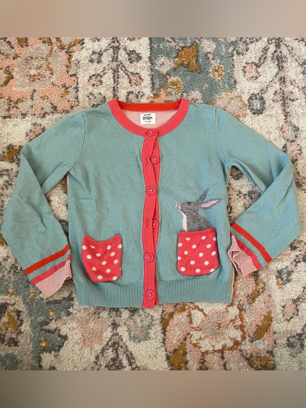 Mini Boden Girls' Bunny Pocket Cardigan Pink and Blue